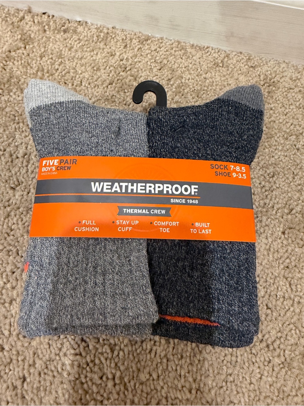 “New” Weatherproof Boys Thermal Crew Socks  (5 Pair) size9-3.5